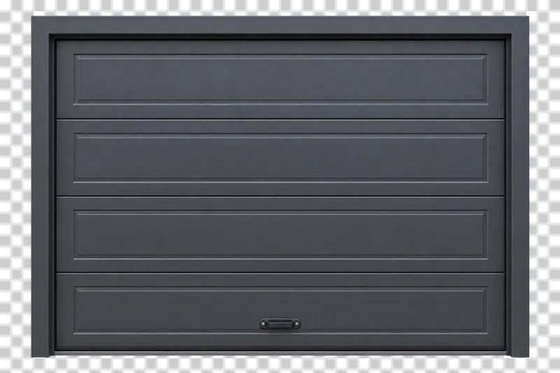A closed dark sectional garage door with horizontal panel joints and a surrounding frame.