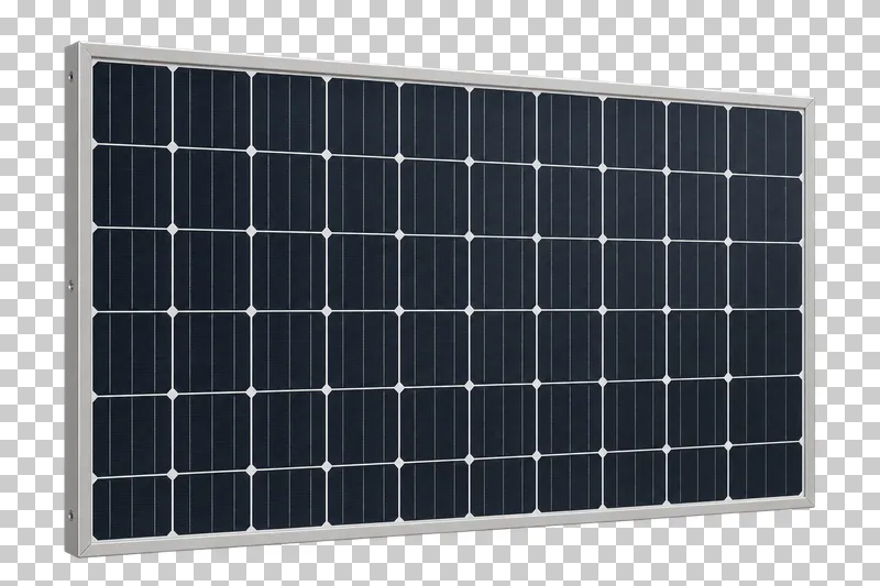 A rigid photovoltaic panel with a silver frame and a regular grid of dark solar cells.