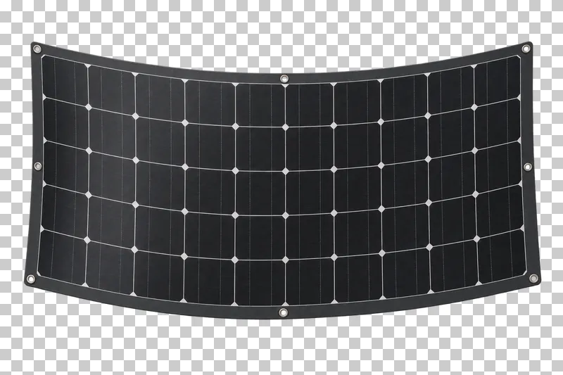 A flexible photovoltaic panel with gently curved dark solar cells and mounting eyelets.