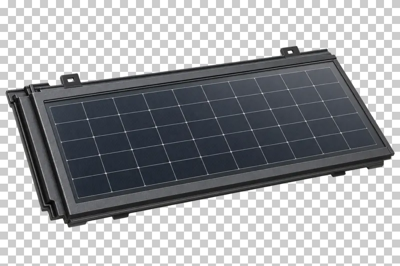 A dark photovoltaic roof tile with interlocking edges and integrated solar cells.