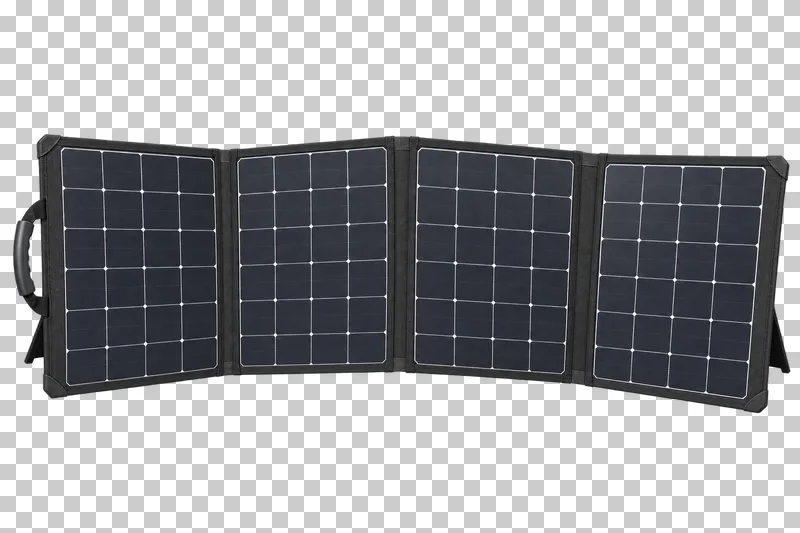 An unfolded four-section portable folding solar panel with dark cells and fabric hinges.