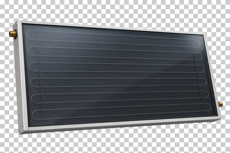 A flat plate solar collector with a closed metal frame and two connection stubs.