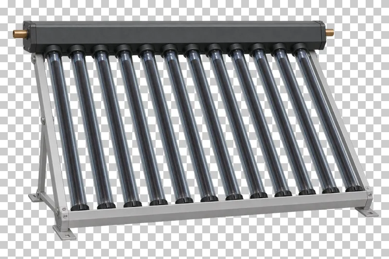 An evacuated tube solar collector with twelve parallel glass tubes and an integral support frame.