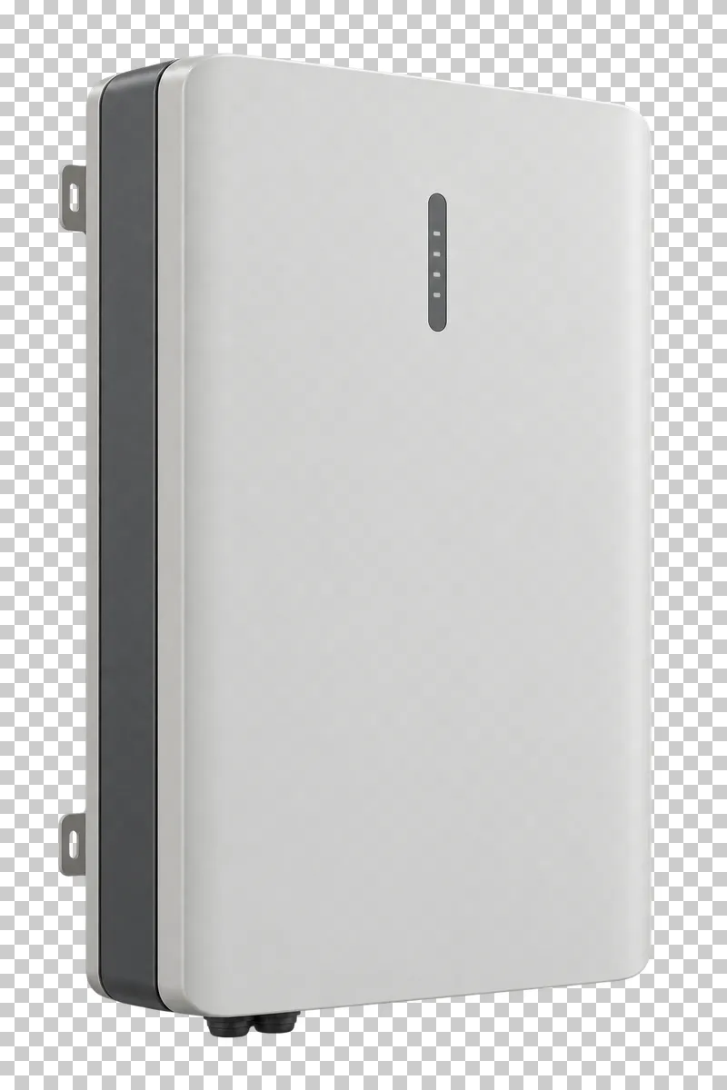 A white wall mounted home battery with a closed housing and integral mounting brackets.