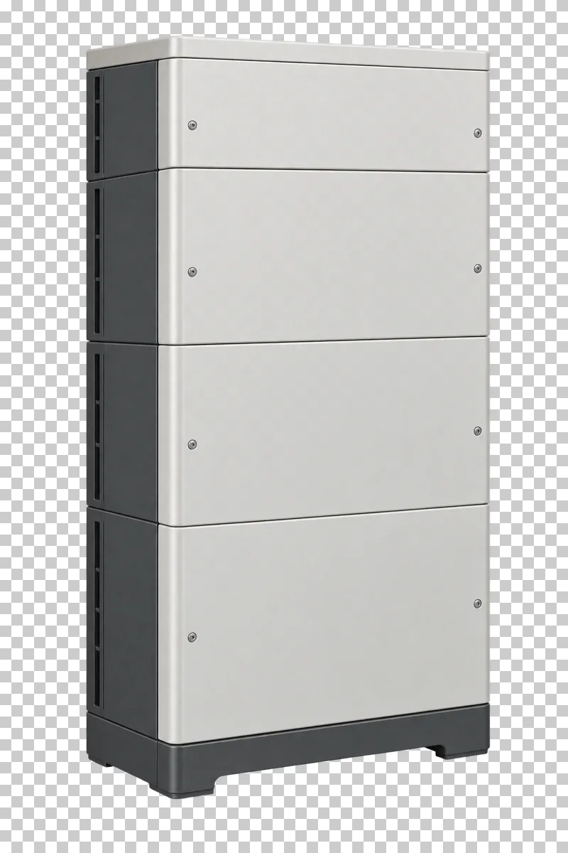 A white floor standing home battery with four stacked modules and an integral base.