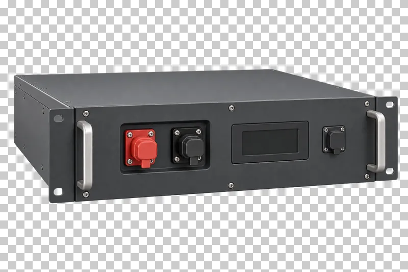 A black rack battery module with mounting ears and two front handles.