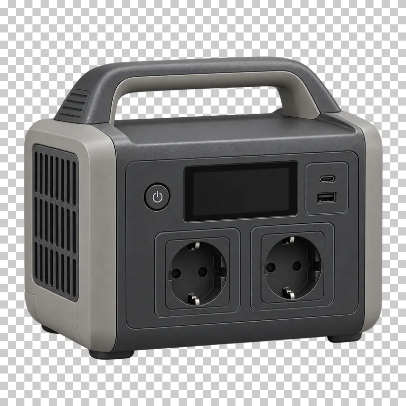 A portable power station with a carry handle, front sockets and a blank display.