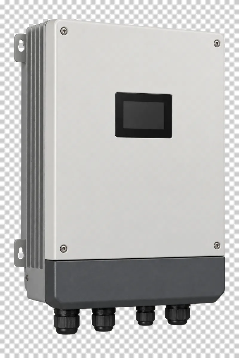 A closed white hybrid inverter with a blank display and lower cable glands.