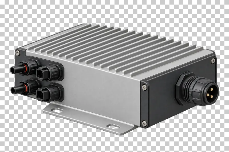 A compact metal microinverter with cooling fins and integral connectors.