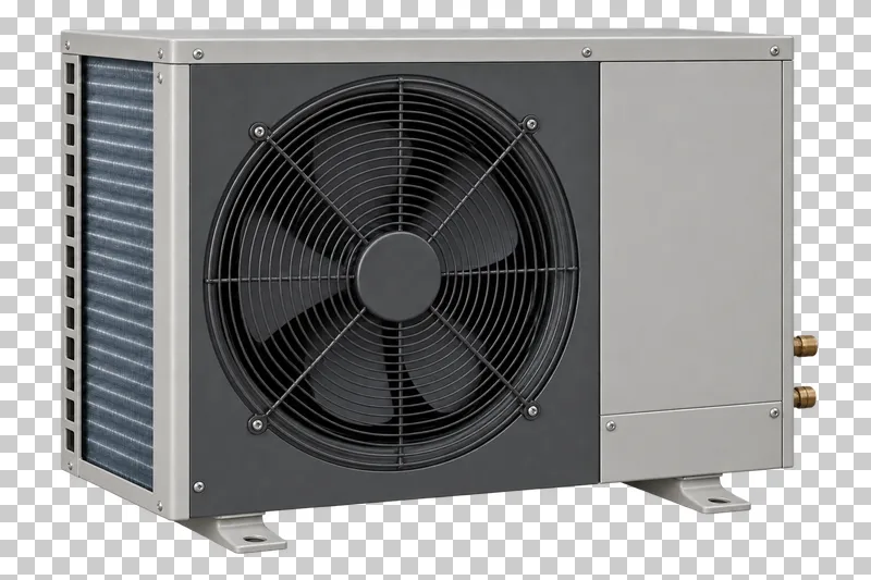 A gray outdoor air source heat pump with a circular fan grille and integral feet.