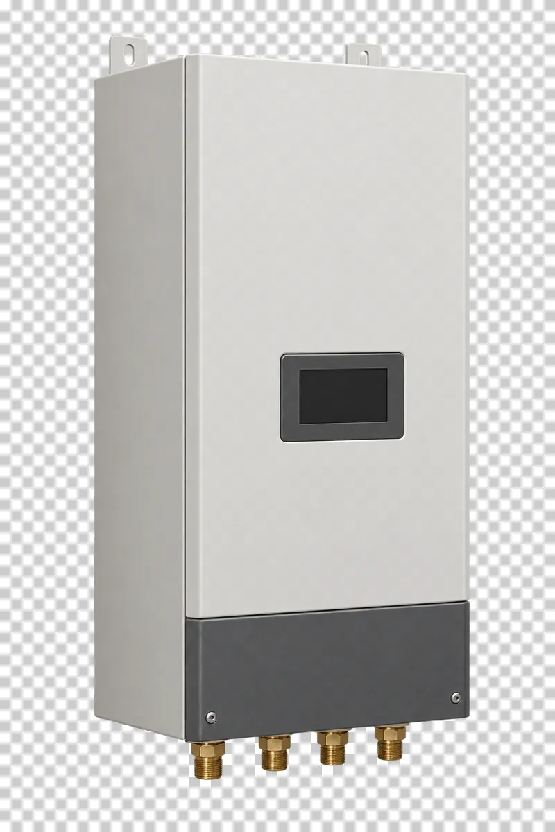 A white indoor heat pump hydrobox with a blank display and four lower brass connections.