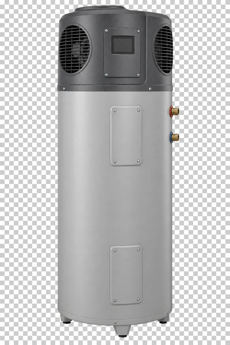 A tall white heat pump water heater with a ventilated upper module and blank display.