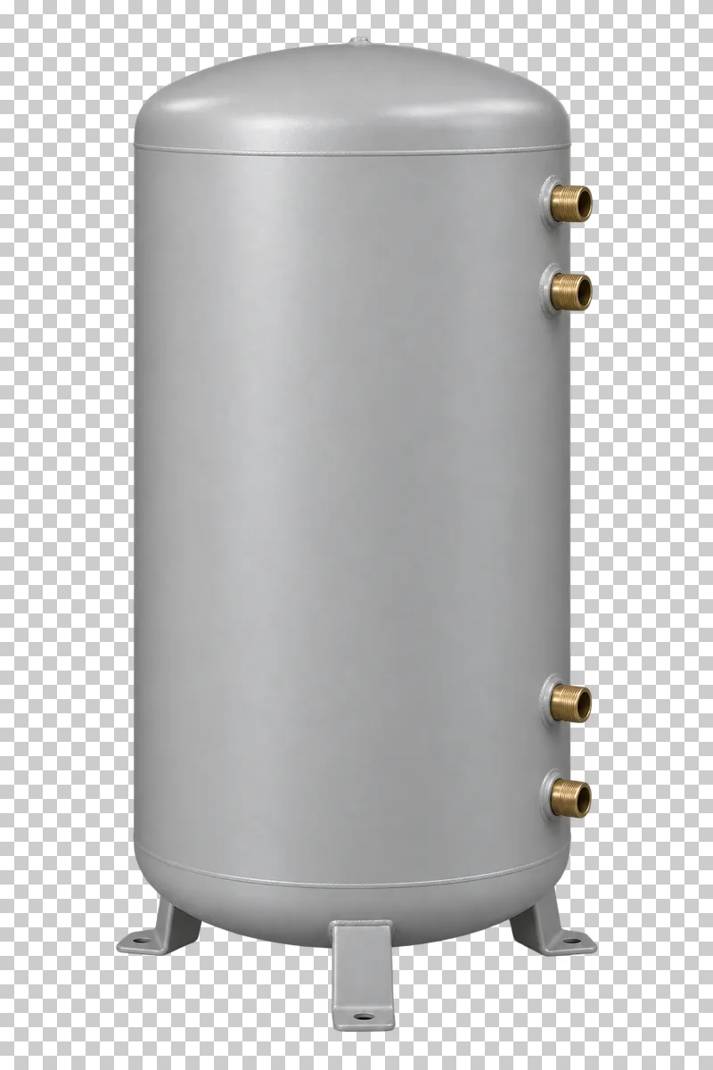 A cylindrical insulated buffer tank with side connections and integral feet.