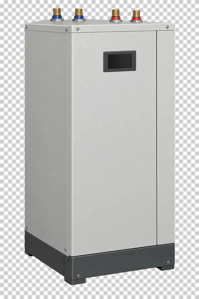 A closed indoor ground source heat pump cabinet with four upper connections.