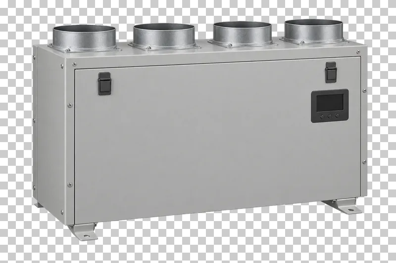 A closed heat recovery ventilation unit with four circular duct collars.