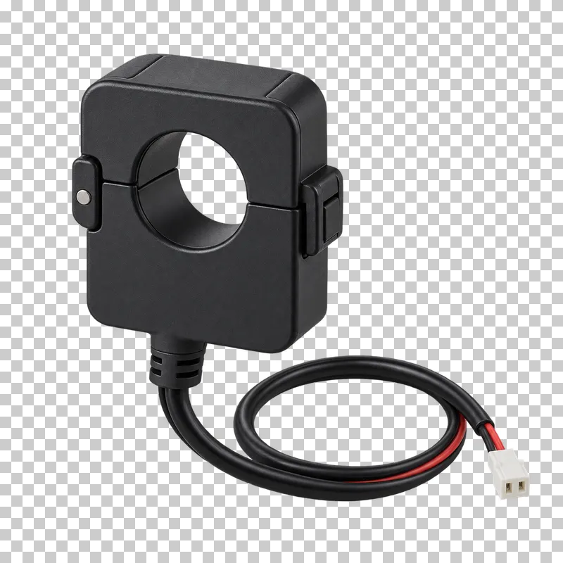 A closed split core current transformer with a continuous two-conductor lead and a two-pin connector.