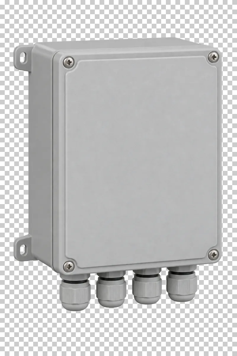 A closed photovoltaic junction box with four lower cable glands.