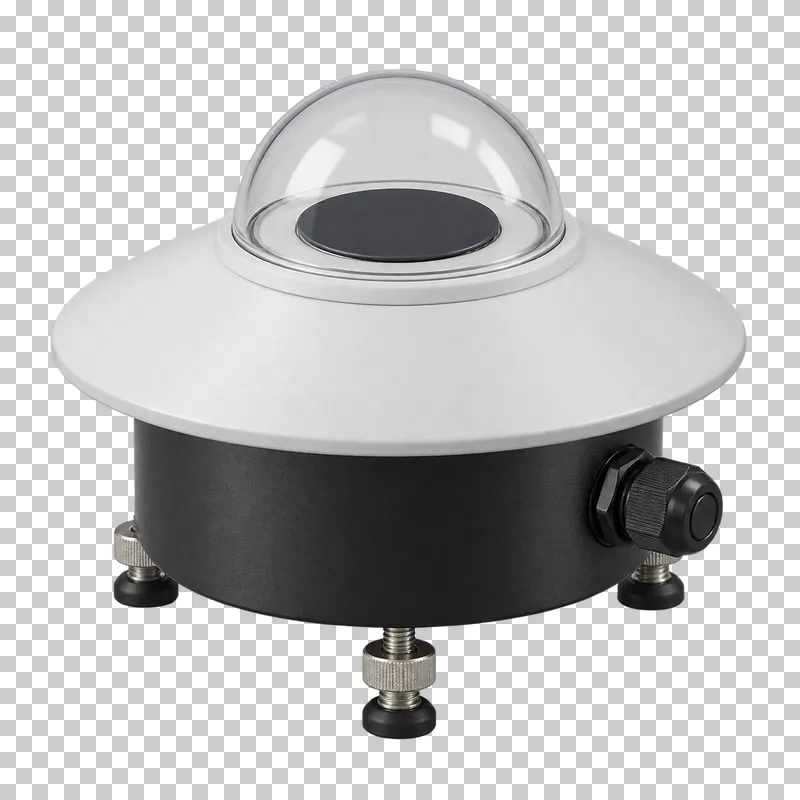 A solar irradiance sensor with a glass dome, white shield and three leveling feet.