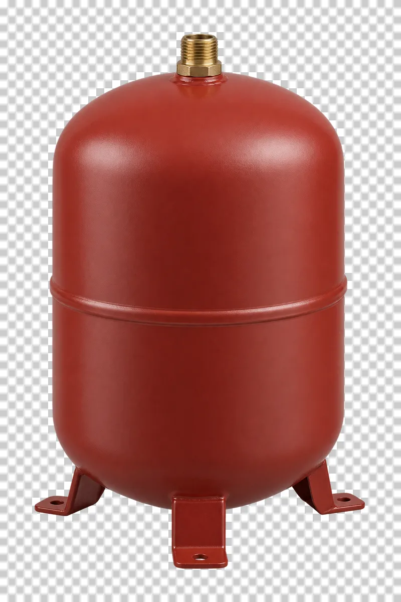 A red solar expansion vessel with one upper connection and three integral feet.