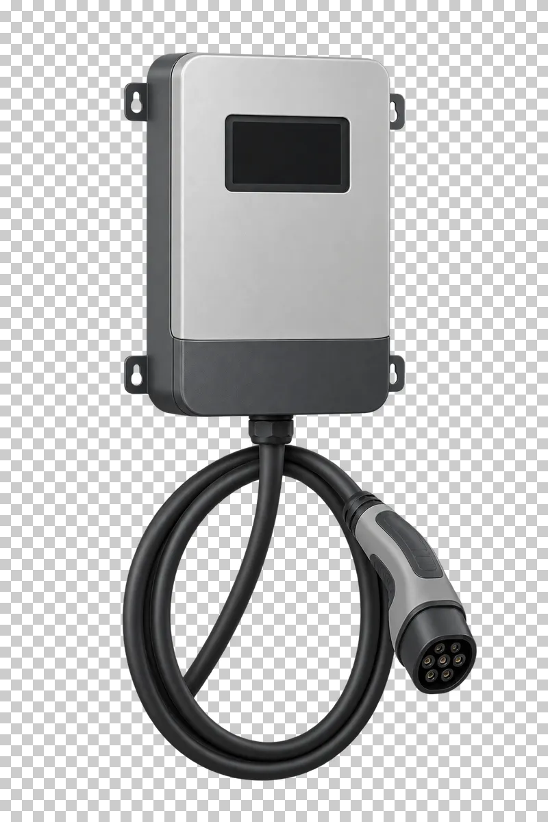 A white and gray wallbox with an inactive screen and one coiled Type 2 charging lead.