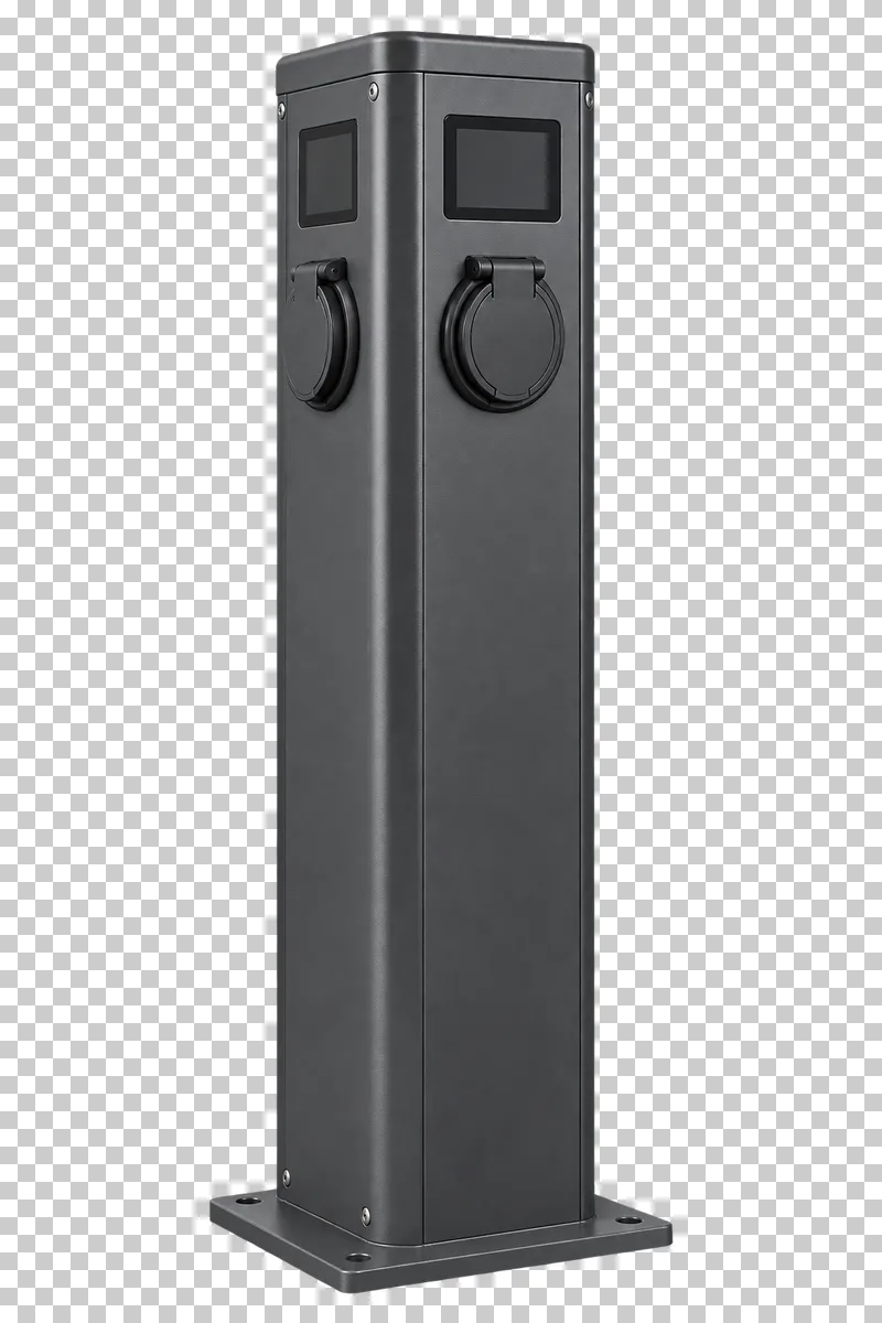 A freestanding dual AC charging pedestal with two covered sockets and two inactive screens.