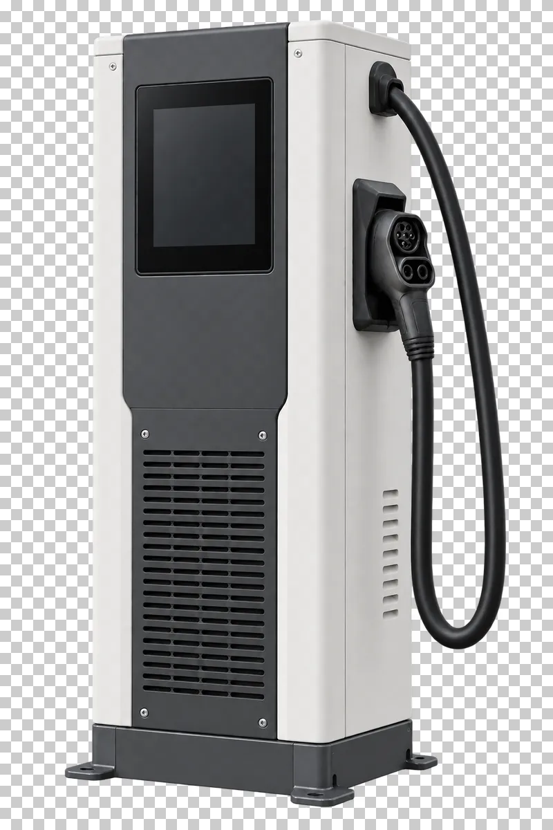 A closed DC fast charging station with an inactive screen and one U-shaped CCS2 charging lead.