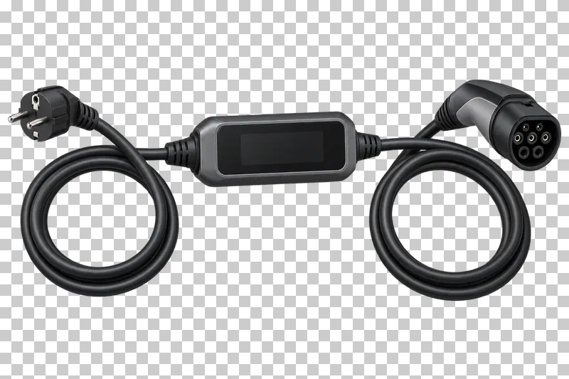 A portable EV charger with an inline control module, Schuko input plug and Type 2 output connector.