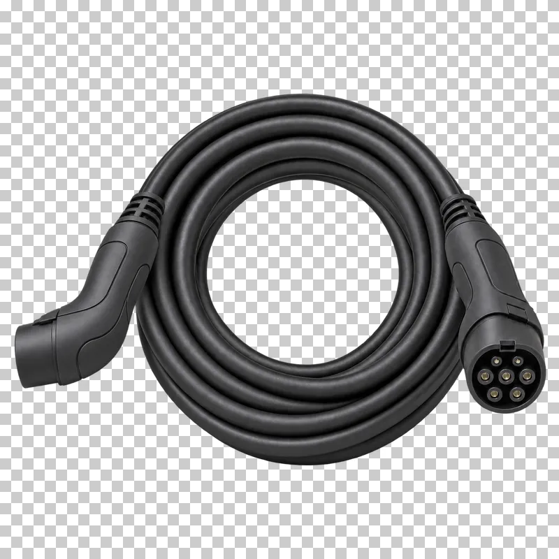 A coiled black Type 2 charging cable with two complete connectors and a visible seven-contact face.