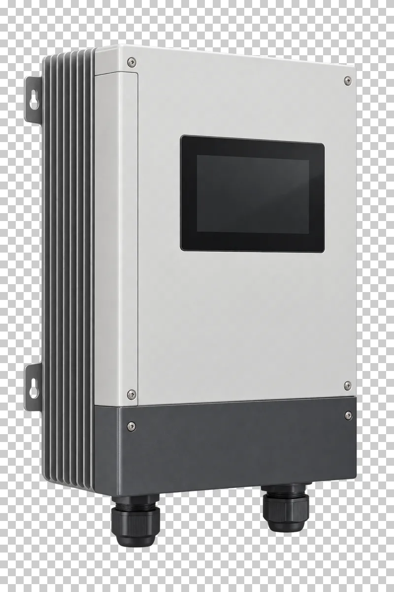 A closed bidirectional V2H charging unit with a blank screen and side cooling fins.