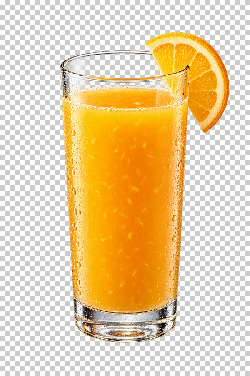 Orange juice with visible pulp in a tall glass, with an orange slice on the rim.