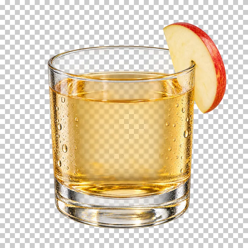 Clear amber apple juice in a low tumbler, with an apple slice on the rim.