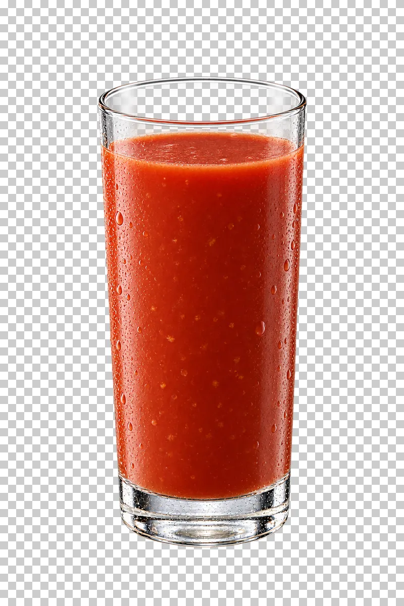 Deep red tomato juice in a tall glass with fine pulp and light condensation.