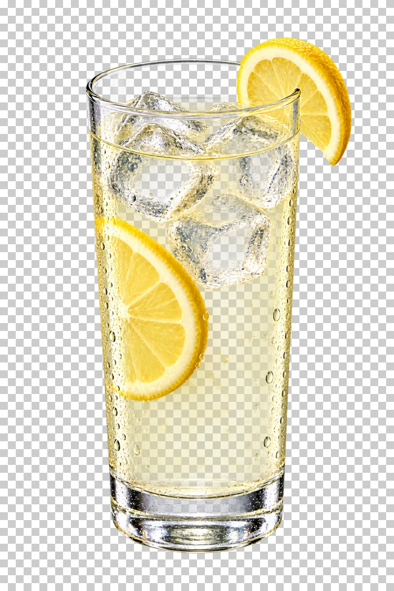 Lemon lemonade with ice and lemon slices in a clear highball glass.