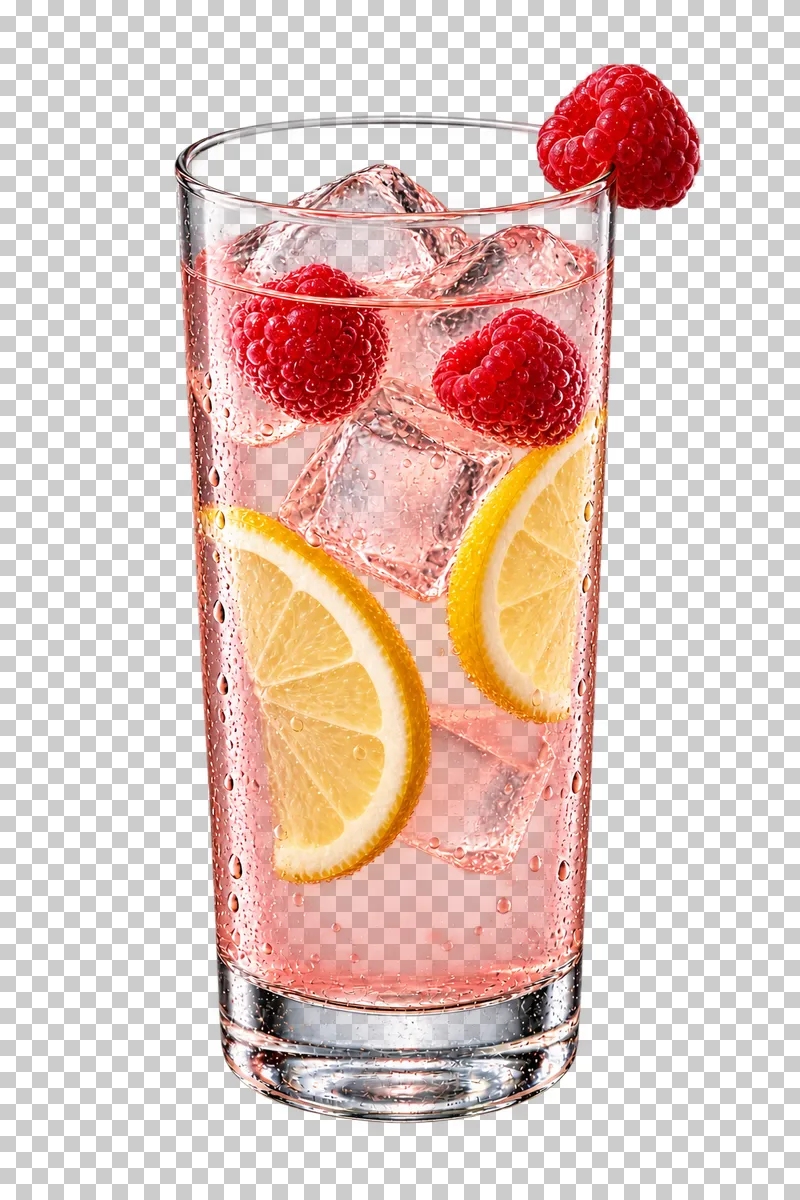 Pink raspberry lemonade with ice, raspberries and lemon slices in a highball glass.