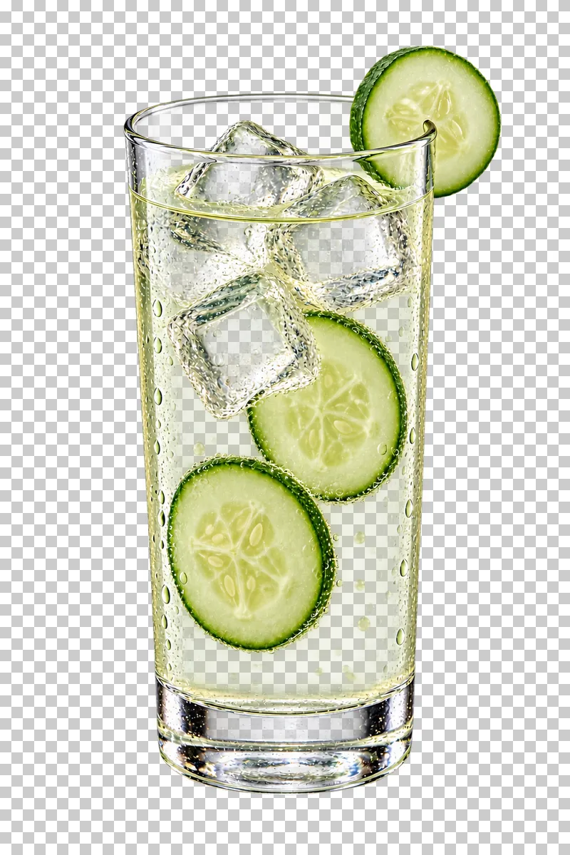 Cucumber lemonade with ice and cucumber slices in a clear highball glass.