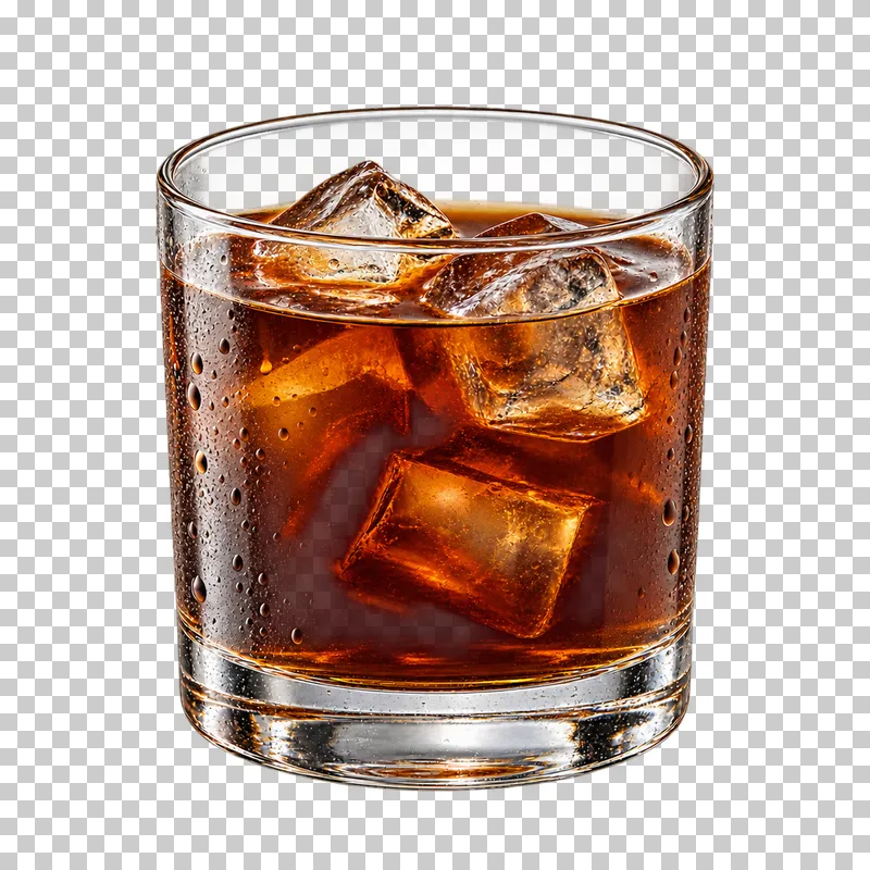 Dark cold brew coffee with ice in a low clear tumbler.