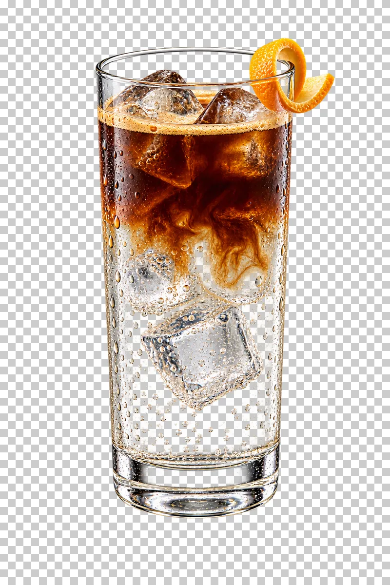 Espresso tonic with a clear tonic layer, dark coffee, ice and an orange peel on the rim.