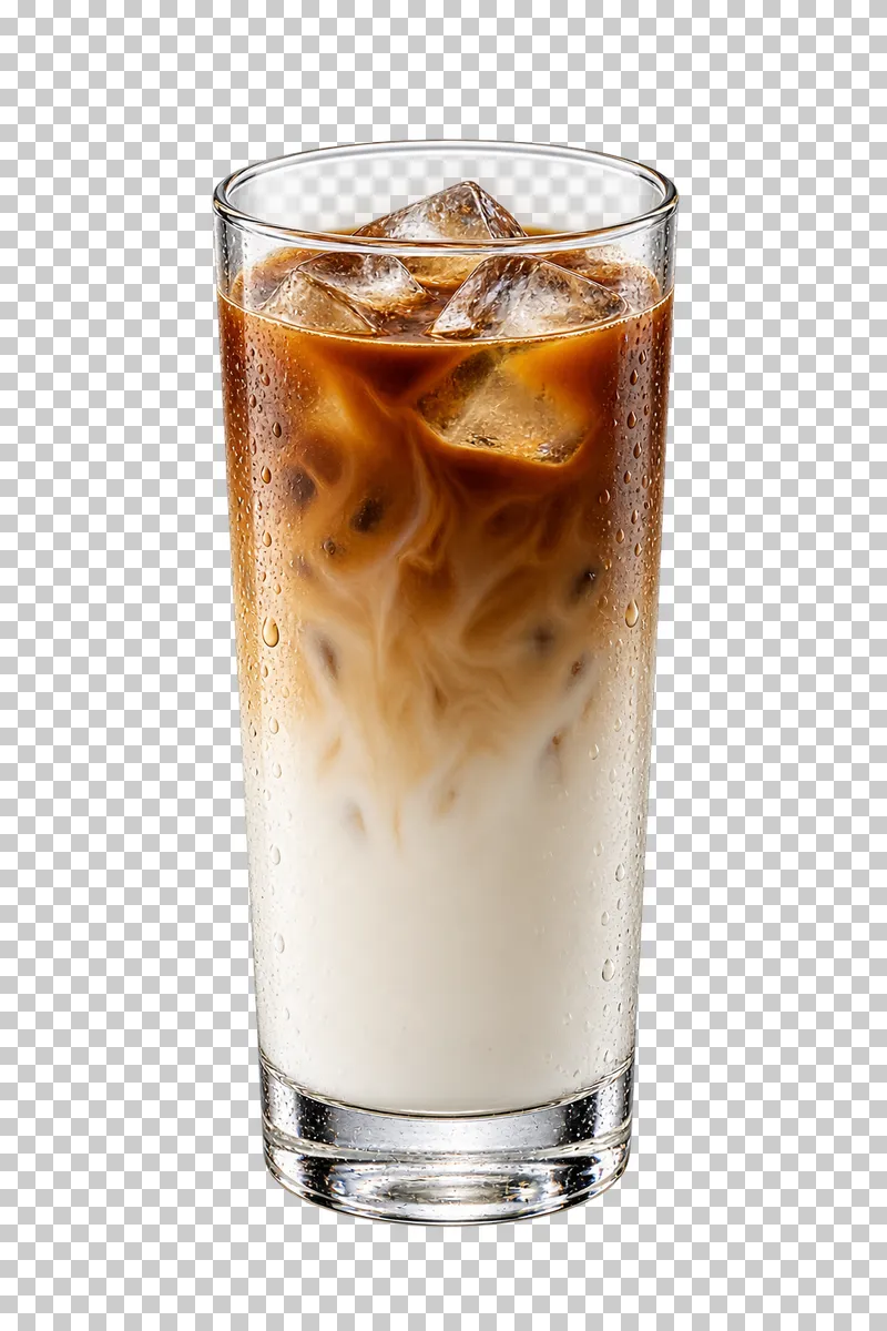 Iced latte with white milk below swirling brown coffee and ice in a tall glass.