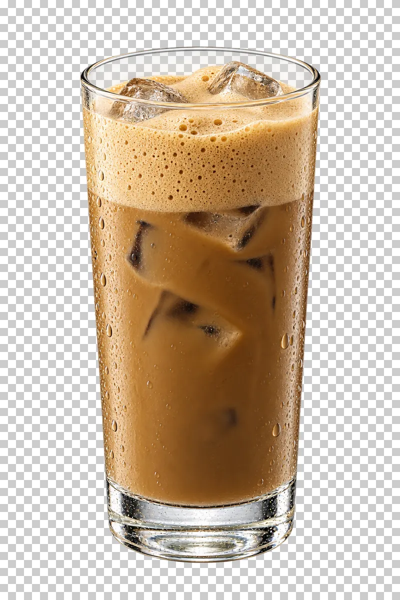 Tan coffee frappe with ice and a thick foam cap in a tall glass.