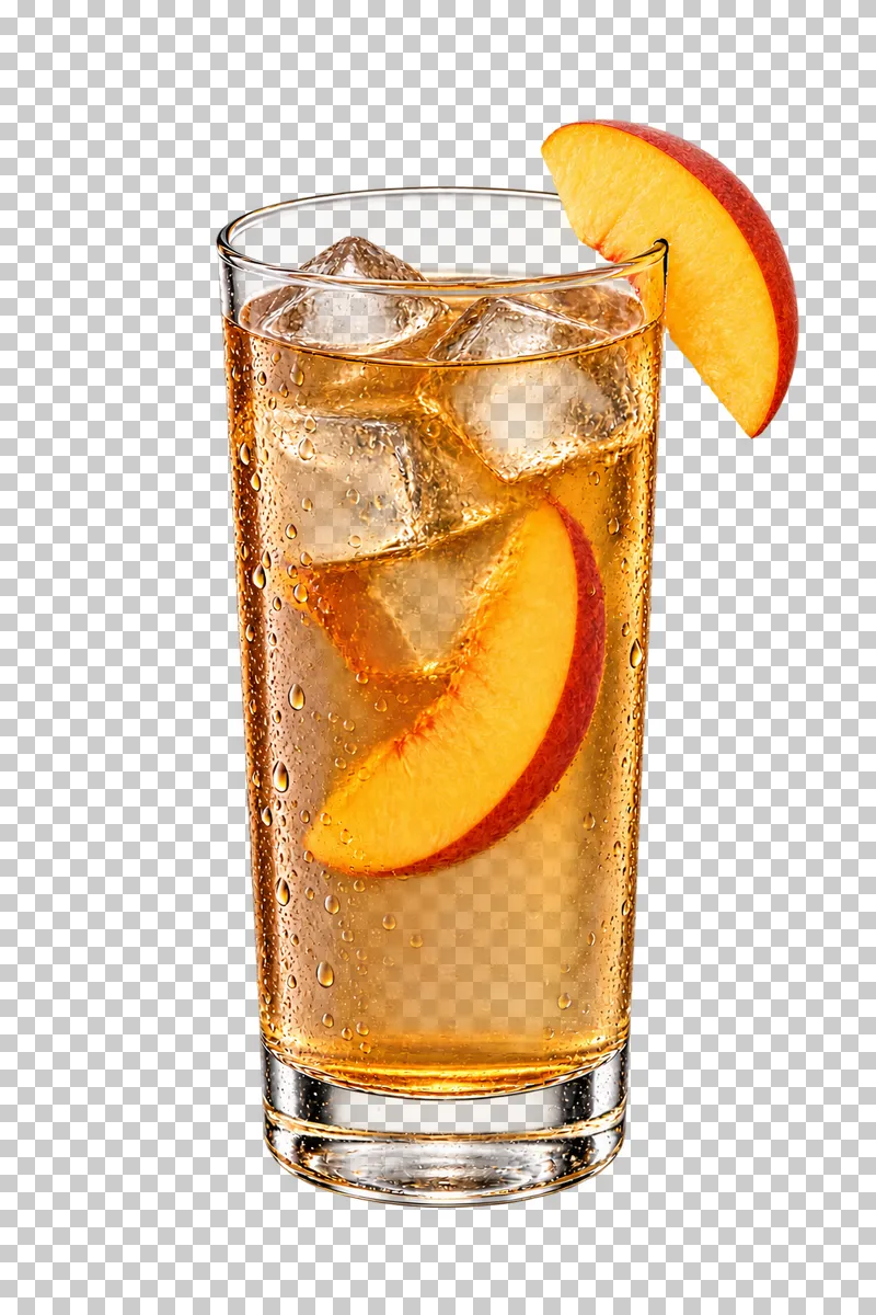 Amber peach iced tea with ice and peach slices in a tall glass.