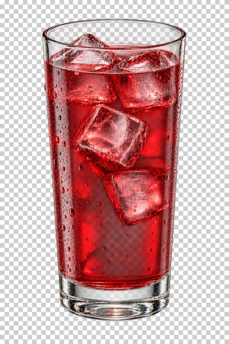 Deep ruby hibiscus infusion with ice in a clear tall glass.