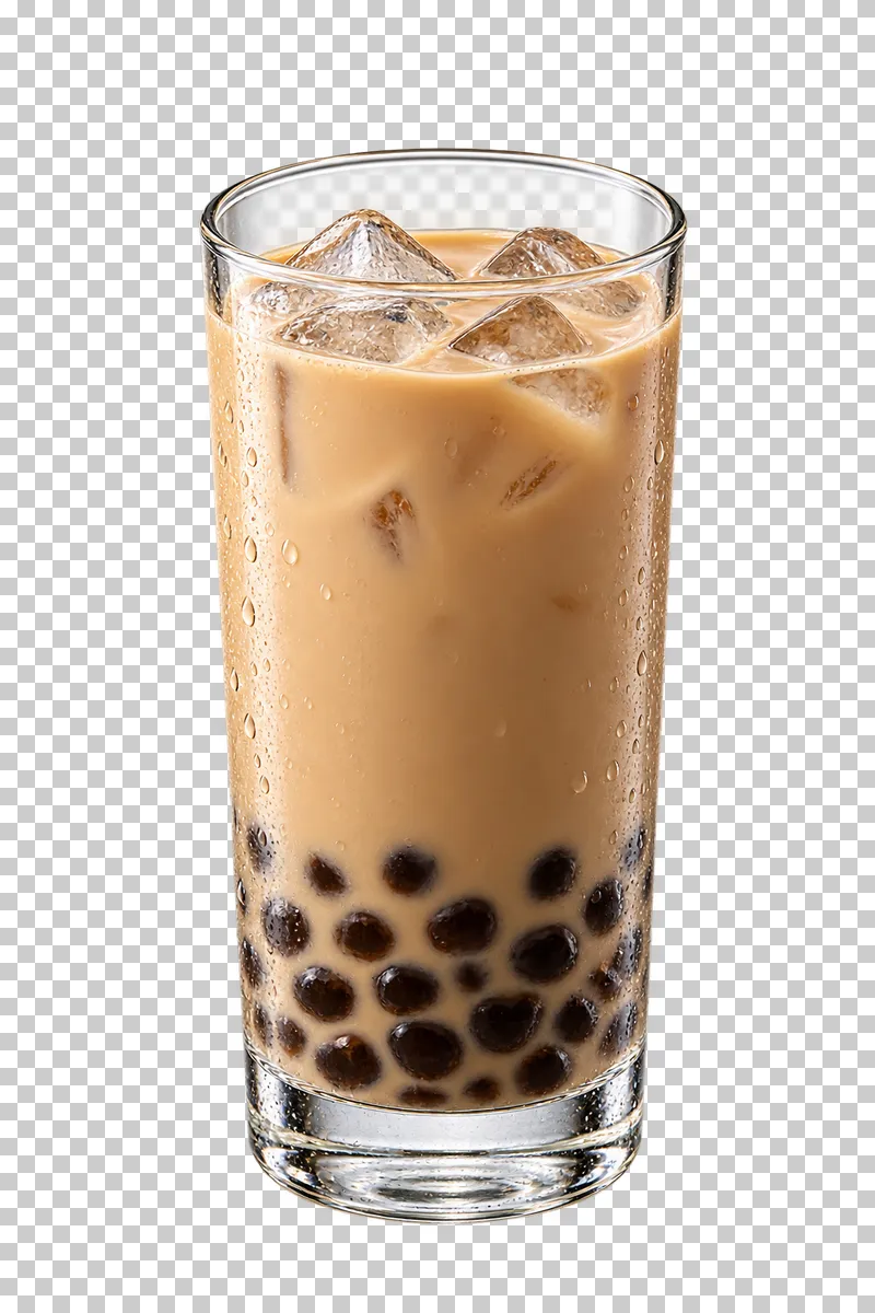 Beige milk bubble tea with ice and black tapioca pearls at the bottom of a tall glass.
