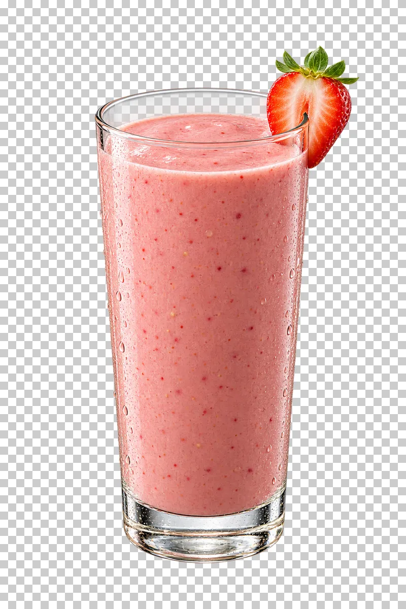 Pink strawberry banana smoothie with fine fruit texture and a strawberry on the rim.