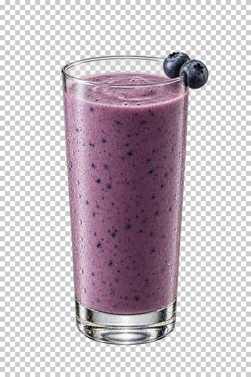 Dusty purple blueberry smoothie in a tall glass, with blueberries on the rim.