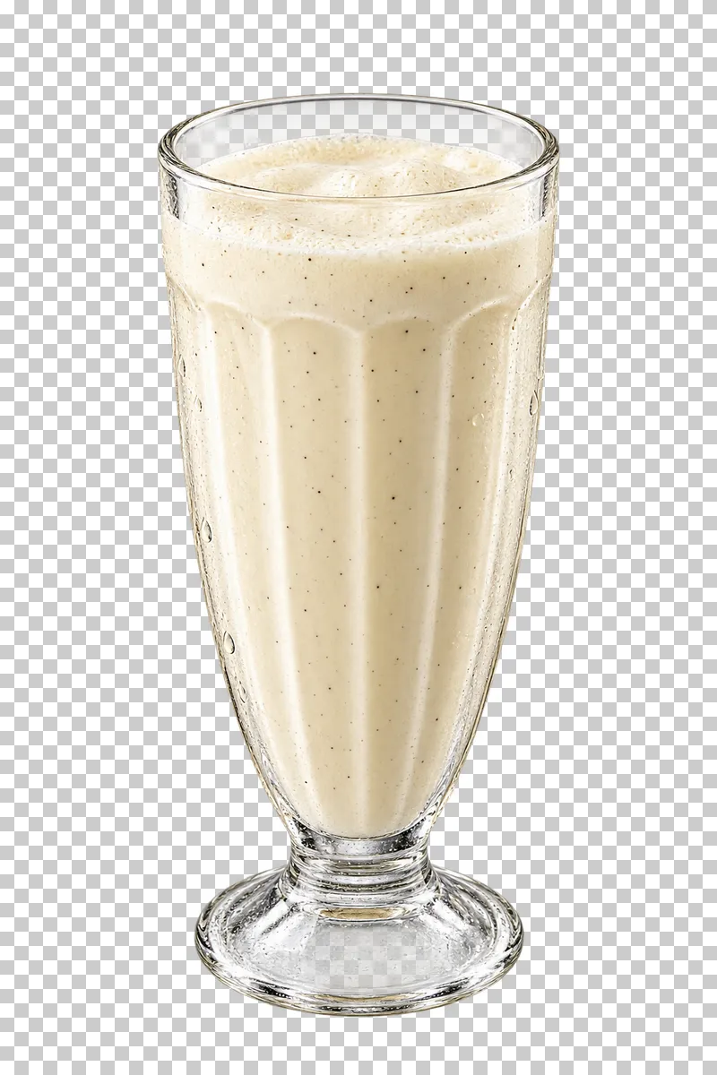 Creamy ivory vanilla milkshake with fine vanilla specks in a fluted footed glass.