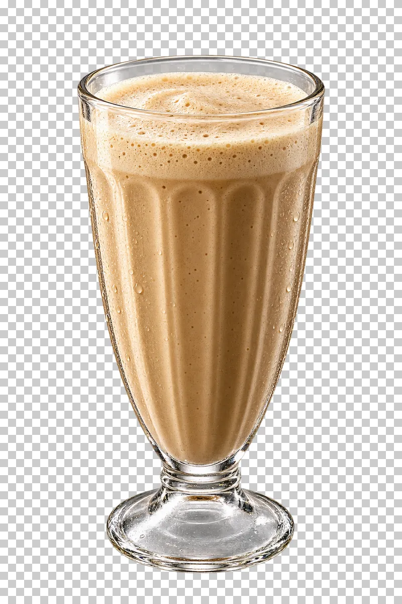 Coffee milkshake with a light foam cap in a fluted footed glass.