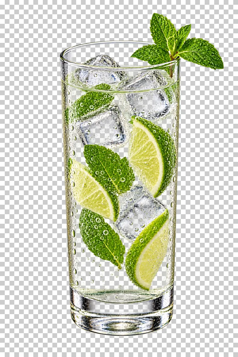 Sparkling water with ice, lime slices and mint in a clear highball glass.