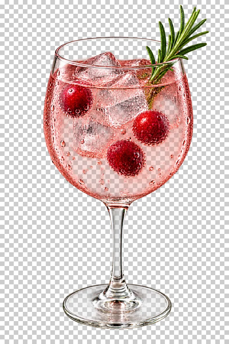 Pink cranberry rosemary tonic with ice, cranberries and a rosemary sprig in a stemmed goblet.