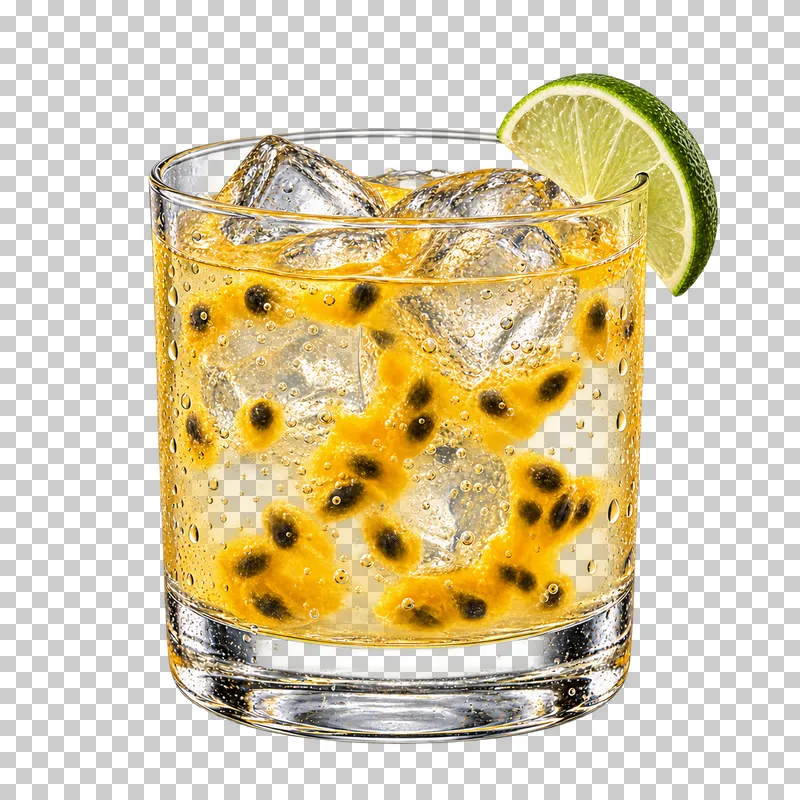 Golden passion fruit lime soda with ice, pulp and black seeds in a low tumbler.
