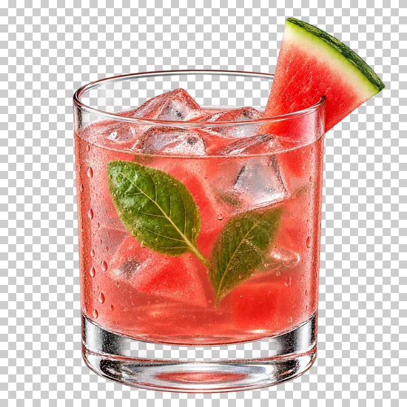 Pink watermelon basil mocktail with ice and basil leaves in a low tumbler, with watermelon on the rim.